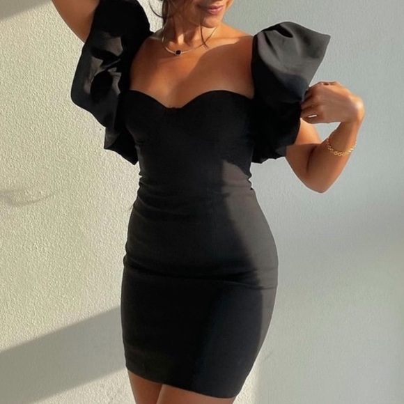 🆕ZARA BLACK VOLUMINOUS MINI DRESS WITH PUFF SHOULDERS & SWEETHEART NECKLINE NWT - Picture 3 of 14